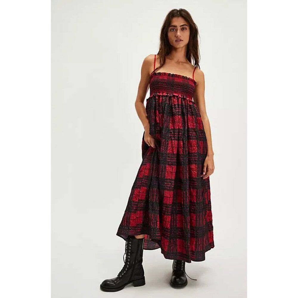 Free People Free People Holly Red Black Crinkle Plaid Maxi Dress NWT Size Xsmall